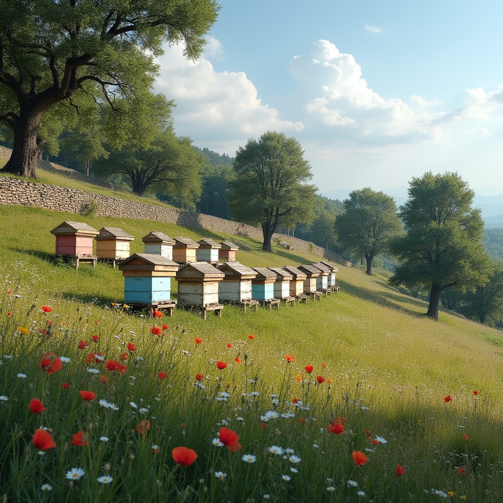 Apiario didattico in campagna con file di arnie colorate tra la vegetazione