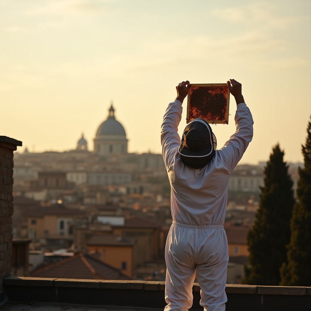 Apicoltore che lavora su un'arnia posizionata su un tetto di Roma