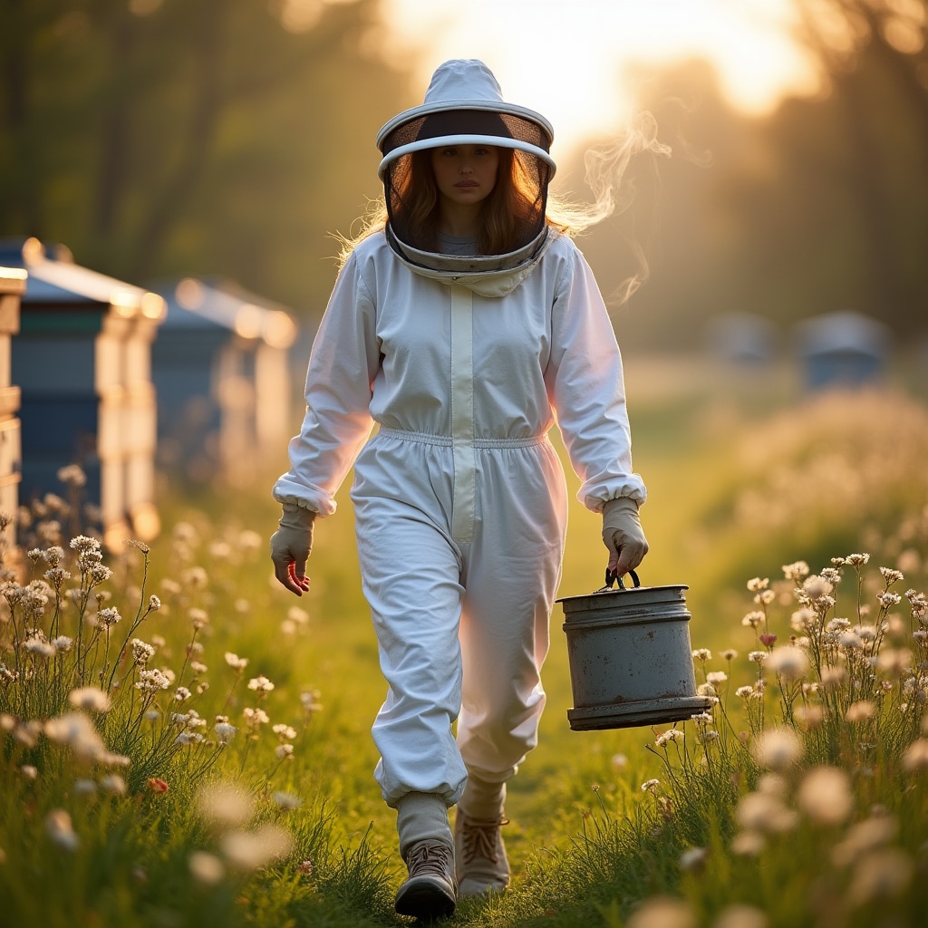 Apicoltore in tuta bianca con velo che lavora su arnia in campagna